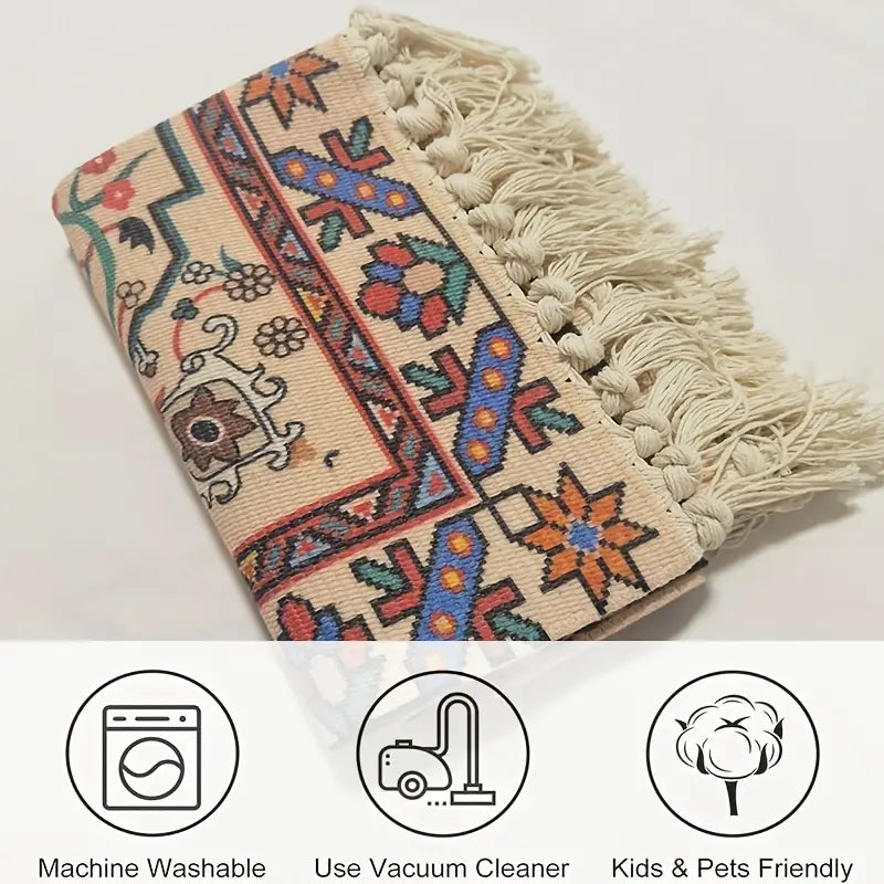 Vintage Floral Floor Mat with Tassels - Indoor Rug