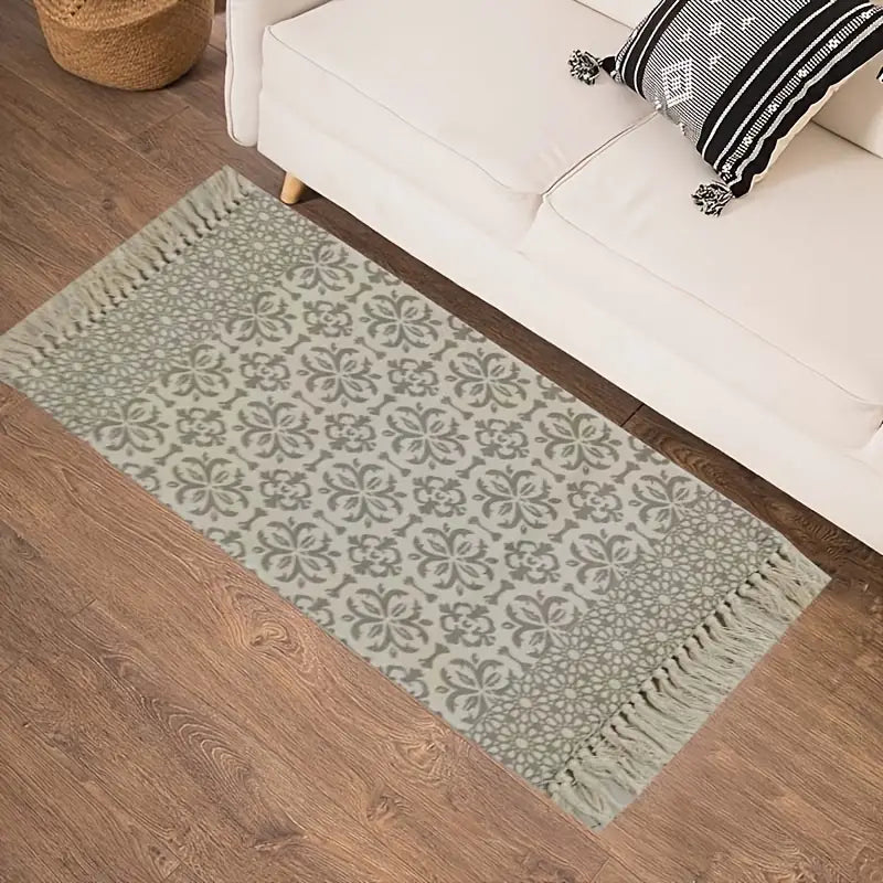 Vintage Floral Floor Mat with Tassels - Indoor Rug