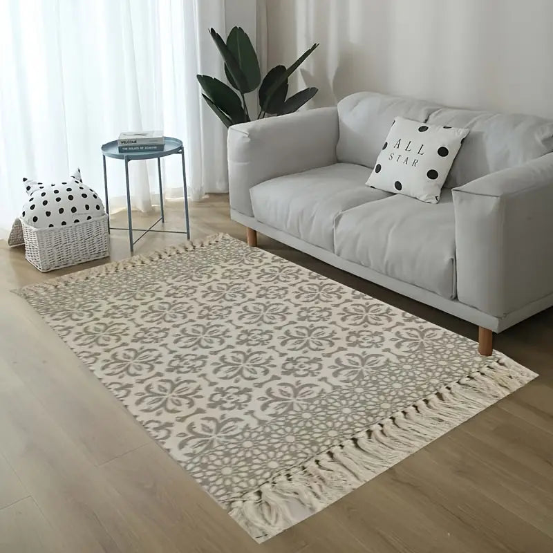 Vintage Floral Floor Mat with Tassels - Indoor Rug