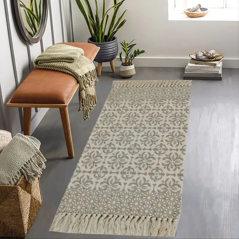 Vintage Floral Floor Mat with Tassels - Indoor Rug